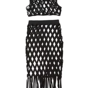 Hollow Out Crop Top & Tassel Trim Skirt Set 2022 New Two Piece Sets Female Clothing - Image 2