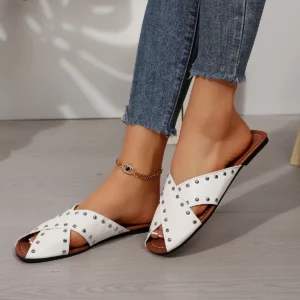 Women's Shoes Pu Leather Peep Toe Low Heel Mules Rivet Decoration Classic Colors Young Lady Streetwear Outside Slippers Sandals - Image 6