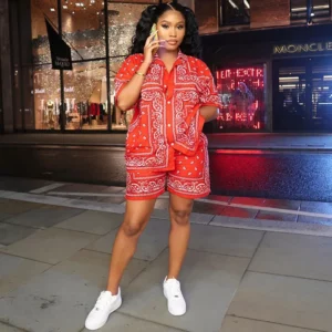 Fashion Paisley Bandana Print 2 Two Piece Sets Women Tracksuit Short Sleeve Shirt + Shorts Sets Female Outfits Matching - Image 5