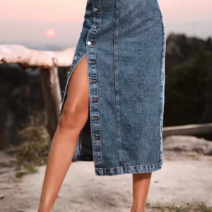 Benuynffy Sexy Streetwear Button Women Skirt Autumn Winter Elegant Denim Skirt Female High Waist Casual Bodycon Long Skirts - Image 2