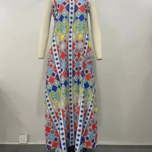 CM.YAYA Women Plaid Print Sleeveless O-neck Loose Long Maxi Dress 2024 Africa Vestidos Party Night Club Sexy Evening Dresses - Image 4