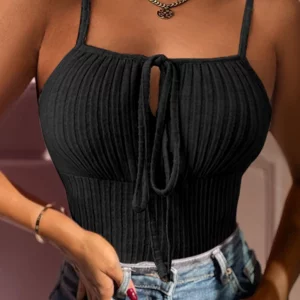 2024 Women Chic Spaghetti Straps Lace Up Sleeveless Knitting Sexy Camis Crop Tops - Image 4