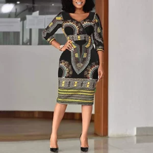 2022 New Fashion Print Dress Waist Women's Ethnic Style Package Hip Skirt V-neck Tight A-line Skirt African Women's Clothing - Image 3