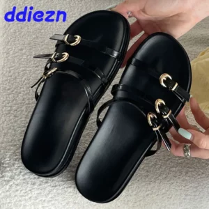 New 2024 Black Footwear Female Beach Ladies Slippers Sandals Shoes Fashion Metal Buckle Women Flats Slides Slippers Big Size - Image 1