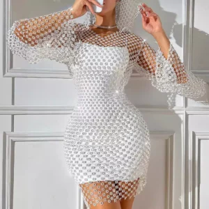 2024 Long Sleeve Fishnet Rhinestone Dress Sexy Cutout V-neck Hooded Long Sleeve Narrow Trendy Dresses - Image 1
