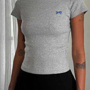 CHRONSTYLE Women Tees Shirt Crop Tops Slim Fit Round Neck Short Sleeve Bow Embroidery Ribbed T-Shirts for Summer Streetwear 2024 - Image 6