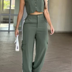 New Fashion 2025 Elegant 2 Pieces Outfits V-Neck Button Front Tank and Caual Colorblock Striped Print Pocket Design Pants Set - Image 4