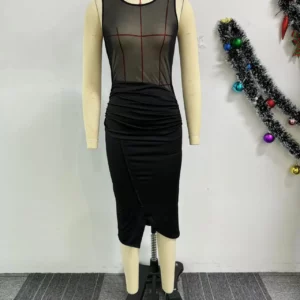 CM.YAYA Women Splicing Split O-neck Bodycon Midi Dress 2024 Mesh See Through Office Lady Workout Evening Party Dresses Vestidos - Image 4