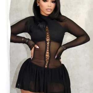 Joskaa Sexy Mesh See Through Mini Dress Women Half High Collar Hollow Bandage Full Sleeve Body-Shaping Vestidos 2025 Clubwear - Image 3