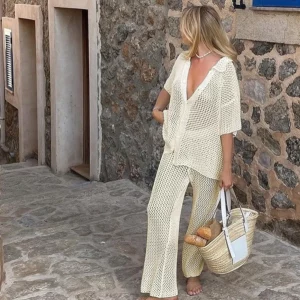 Suimsuit Cover up Beach 2025 Knitted Hollow Out cardigan Top Straight Pants Sets Mesh High-Waist Bottoms Suit Sexy Streetwear - Image 2