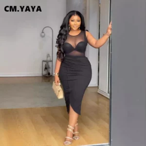 CM.YAYA Women Splicing Split O-neck Bodycon Midi Dress 2024 Mesh See Through Office Lady Workout Evening Party Dresses Vestidos - Image 2