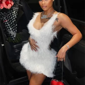 Ladies Autumn Feather New Fashion Night Clubwear Dress Women Sleeveless Backless Bodycon Mini Dresses Evening Party Fall Outfits - Image 2