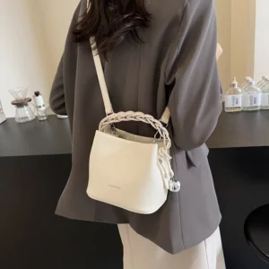 Fashion Weaving Handheld Bucket Bag New Korean Soft Leather Litchi Pattern Handbags Large Capacity One Shoulder Crossbody Bags - Image 3