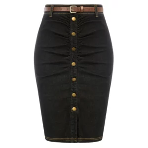 BP Women Vintage Jean Skirt With Belt High Waist Ruched Front Bodycon Skirt - Image 3