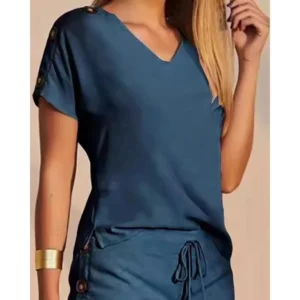 Women Buttoned Short Sleeve V-Neck Top & Drawstring Shorts Sets Women 2 Pieces Casual Two Pieces Set Summer Outfits Clothing - Image 3