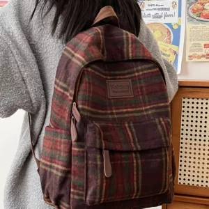 Retro plaid backpack high school junior high school students' schoolbags woolen cloth backpacks - Image 3