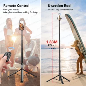 Selfie Stick with Wireless Bluetooth Remote, Portable 72 Inch Aluminum Alloy Selfie Stick Phone Tripod for iOS Android Cellphone - Image 4