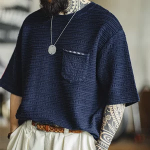 Maden Retro Knitted Jacquard Wave Pattern Textured T-shirt Loose Solid Color Short-sleeved Tee for Men's Summer Tops - Image 2