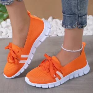 Mesh Knitted Striped Flats Shoes for Women 2024 Summer Lace Up Casual Sneakers Woman Breathable Soft Sole Loafers Plus Size 43 - Image 1