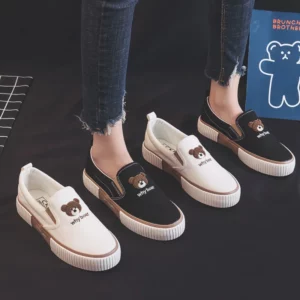 2023 Women Autumn New Canvas Shoes Female Korean Version Cute Bear Embroidery Loafers Flat Bottom Student Casual White Lazy Shoe - Image 6