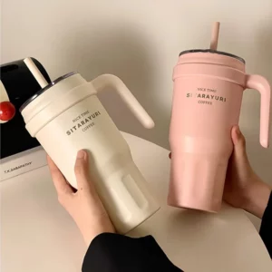 Large Insulated Water Bottle Stainless Steel Tumbler With Handle Straw Travel Gym Thermos Mug For Ice Hot Coffee Juice 1100ml - Image 1