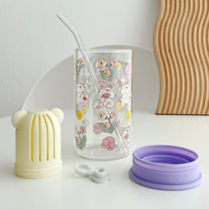 650ml Glasscup Tea Separation High Temperature Glass Cup Large Capacity Lovely Print Straight Straw Cup Tea Cup Cold Drink Mug - Image 4