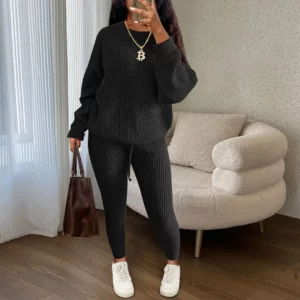 2024 Winter Two Piece Sets Women Clothing Autumn Fashion Casual Solid Round Neck Pullover Loose Pit Knitted Sweater Pants Suits - Image 5