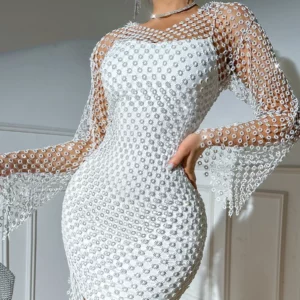 2024 Long Sleeve Fishnet Rhinestone Dress Sexy Cutout V-neck Hooded Long Sleeve Narrow Trendy Dresses - Image 3