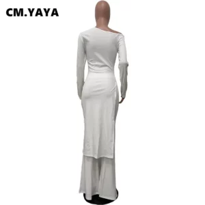 CM.YAYA Women's Set Off Shoulder Long Sleeve High Side Split T-shirt and Wide Leg Pants 2023 Two 2 Piece Sets Outfit Tracksuit - Image 6