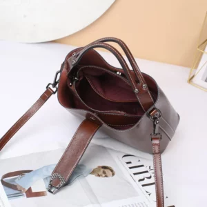Real Oil Wax Leather Women's Bucket Bag Casual and Simple Handbag Large Capacity Ladies Cowhide Fashionable Crossbody Tote Bag - Image 4