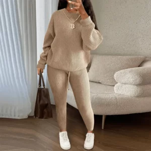 2024 Winter Two Piece Sets Women Clothing Autumn Fashion Casual Solid Round Neck Pullover Loose Pit Knitted Sweater Pants Suits - Image 2