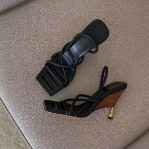 Very small designer brand, elegant and simple atmosphere, wood grain wedge sandals, cross-strap shaped heels high heels sandals - Image 4