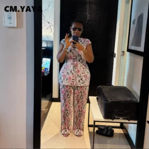CM.YAYA Women Set Floral Print Short Sleeve Pleated T-Shirt + Wide Leg Pants 2025 Street Sexy Two 2Piece Sets Outfits Tracksuit - Image 4