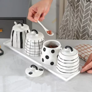 European Ceramic Seasoning Pot Black and White Stripe Salt Sugar Pepper Pot Home Seasoning Box with Lid Soy Sauce Vinegar Bottle - Image 3
