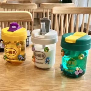 300ml Plastic Water Bottle with Straw Cute 3D Sticker Portable Outdoor Household Sports Tea Cup Water Bottle for Girls and Kids - Image 3