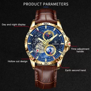 GLENAW Rotating Earth Double Second Hand WristWatch Men Automatic Mechanical Watch Starry Sky Stainless Steel Leather Watchband - Image 4