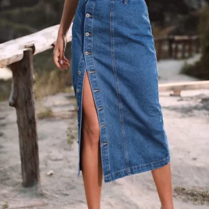 Benuynffy Sexy Streetwear Button Women Skirt Autumn Winter Elegant Denim Skirt Female High Waist Casual Bodycon Long Skirts - Image 4