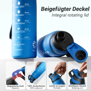 Fjbottle Plastic Water Bottle with Magnetic Lid, Leakproof Sports Water Bottle with Carry Strap BPA-FREE 1000ml - Image 2