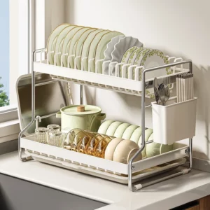Kitchen Rust-Proof Dish Drying Rack Desktop Dishes Bowls Plate Cutlery Pot Lid Rack Organizer 2-Tier Compact Kitchen Dish Shelf - Image 2