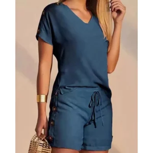 Women Buttoned Short Sleeve V-Neck Top & Drawstring Shorts Sets Women 2 Pieces Casual Two Pieces Set Summer Outfits Clothing - Image 2