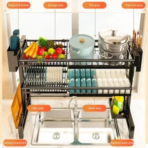 2 Tier Drainer Expandable Kitchen Sink Shelf Countertop Dish Organizer Sink Dish Rack Dish Rack With Chopstick Cylinder - Image 3