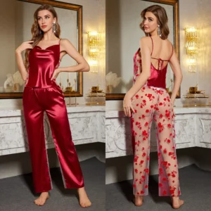 2PCS Pjs Sleepwear Set Women Sexy Perspective Mesh Pijamas Suit Suspender Trouser Intimate Lingerie Satin Nightwear Homewear - Image 3