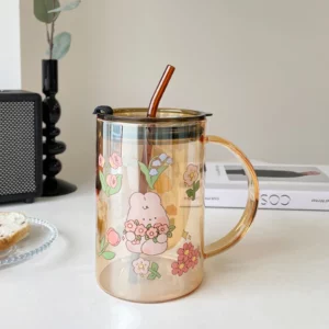 Cute Bunny Glass Cup With Lid Straw Kawaii Coffee Mugs Big Milk Beer Wine Drinking Glasses Korean Water Juice Cup Drinkware Gift - Image 3