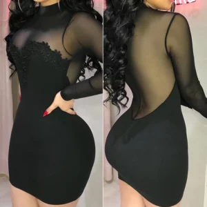 See Through Transparent Hollow Out Dress Women Mock Neck Sexy Bodycon Club Partywear Slim Stretchy Solid Color Mini Dresses - Image 5