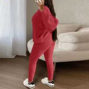 2024 Winter Two Piece Sets Women Clothing Autumn Fashion Casual Solid Round Neck Pullover Loose Pit Knitted Sweater Pants Suits - Image 3