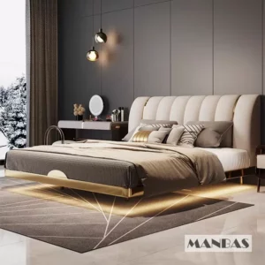 MINGDIBAO Modern Genuine Leather Suspended Bed With Sensor Light, Double Rectangle Bed Frame With Stainless Steel, Nordic Camas - Image 3