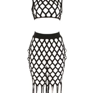 Hollow Out Crop Top & Tassel Trim Skirt Set 2022 New Two Piece Sets Female Clothing - Image 3