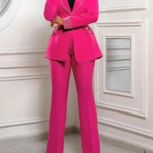 CM.YAYA Fashion Pearl Splicing Women's Set Long Sleeve Blazer and Wide Leg Pants Suit 2024 Winter OL Fall Two 2 Piece Set Outfit - Image 2