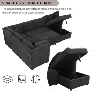 U-Shaped Large Sectional Sofa Pull Out Sofa Bed with USB Ports & Power Sockets, Sleeper Sofa Couch with Storage Chaise - Image 3