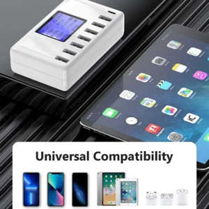 USB Charging Station, 8-Ports 60W/12A Multi Port USB C Hub Charger with LCD Display for Cellphone & Tablet Multiple Devices, - Image 2